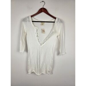 Hollister Co. NWT Vintage Y2K Womens White 3/4 Sleeve V Neck Sequins‎ Size Small